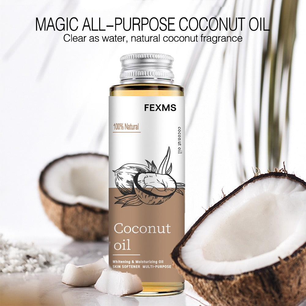 Coconut Massage Body Oil with pure coconut essence in bottle surrounded by sliced coconuts, promoting deep hydration and relaxation.