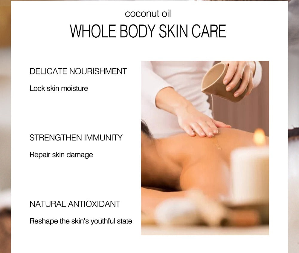 Coconut oil massage promoting whole body skin care for nourishment, immunity strengthening, and antioxidant benefits.