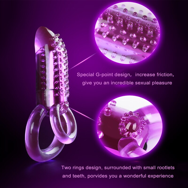Purple silicone male clitoral strap-on vibrator with dual-ring and textured design for heightened pleasure.