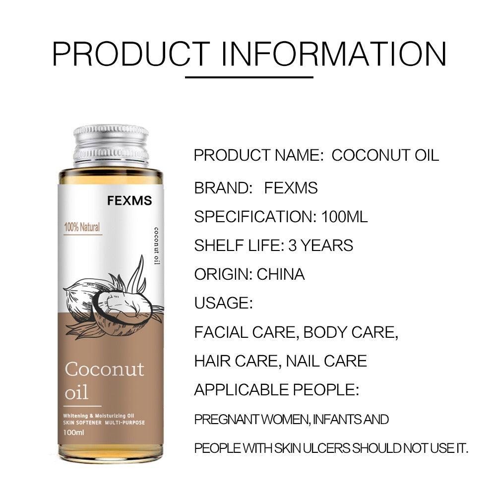 Coconut Massage Body Oil bottle with product information detailing origin, usage, and shelf life.