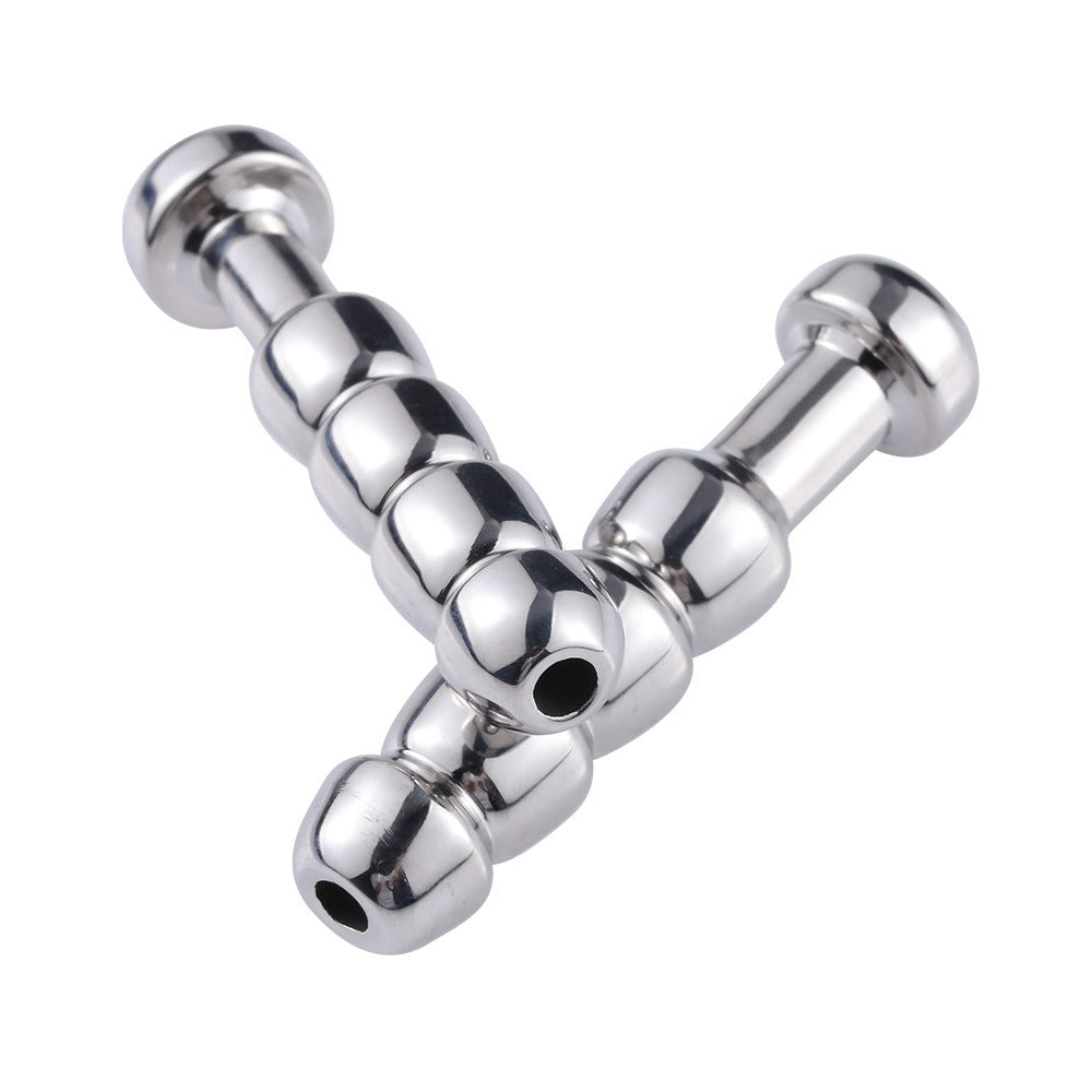 Silver stainless steel metal expansion plug with a smooth, beaded design for self-pleasure.