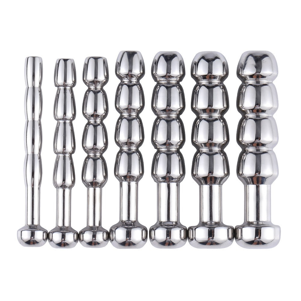 Stainless steel metal expansion plug in various sizes for adult use, silver color.