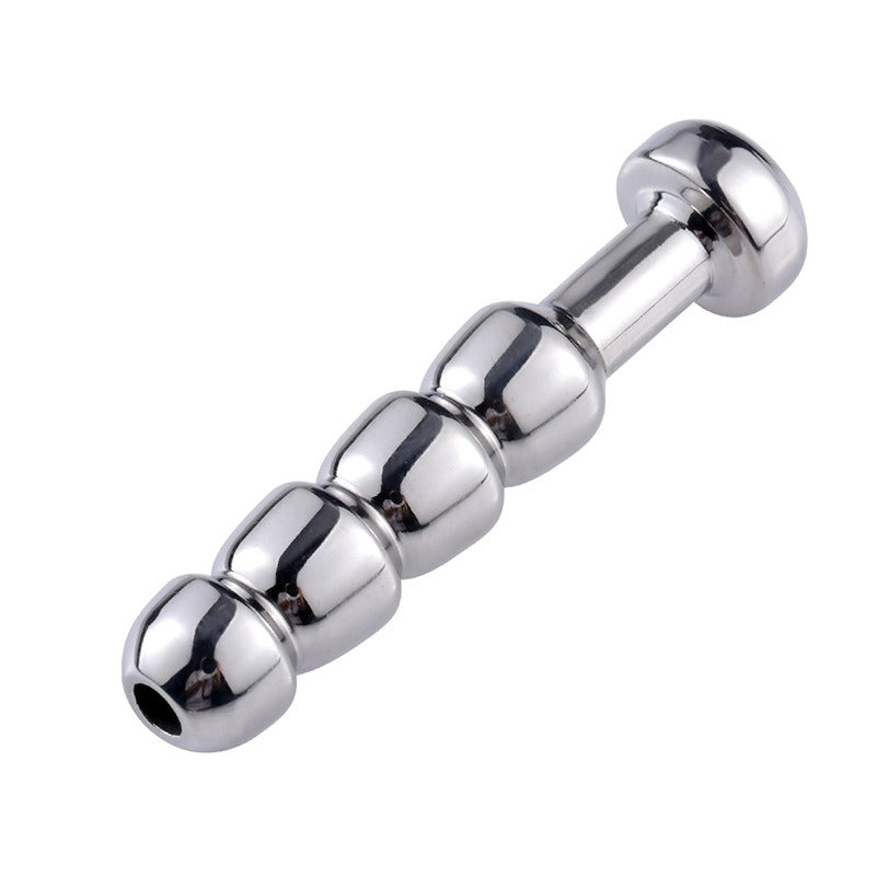 Silver stainless steel metal expansion plug, self-pleasure toy for men, available in various sizes.