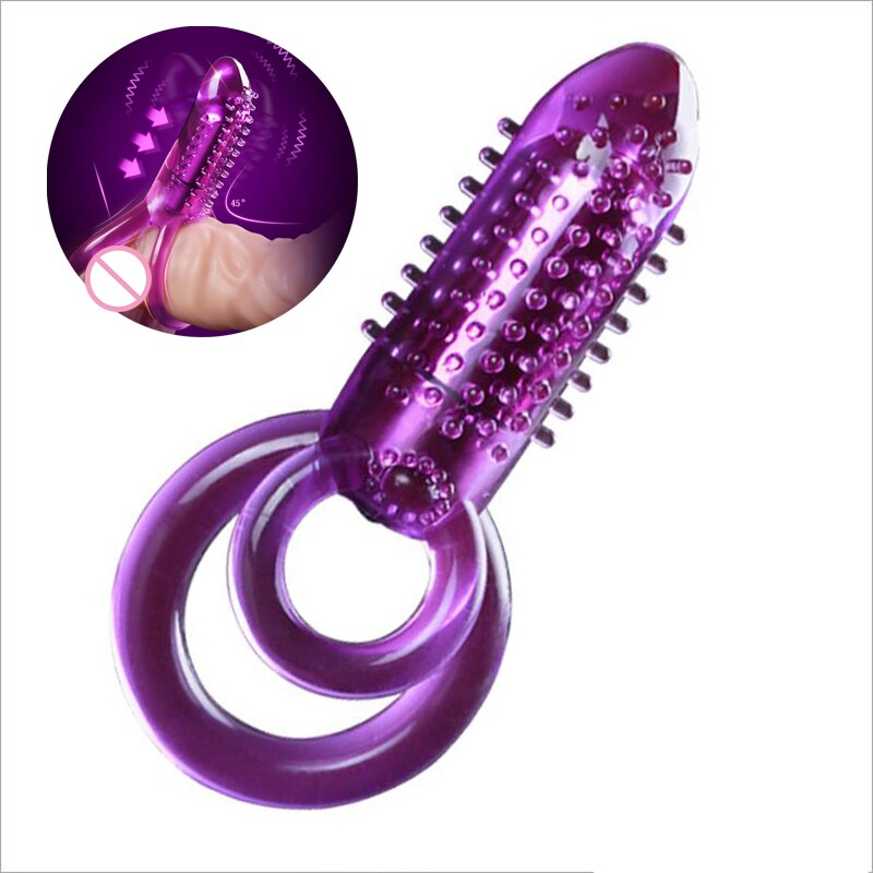 Purple silicone male clitoral strap-on vibrator with dual-ring design and textured surface for enhanced pleasure.