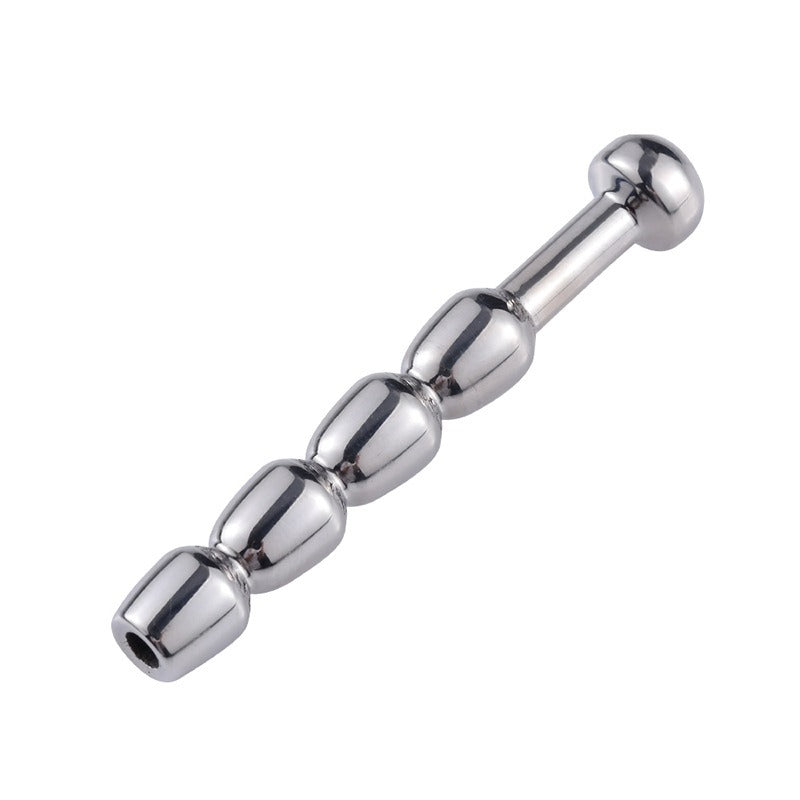 Stainless steel metal expansion plug for urethral stimulation, silver color.