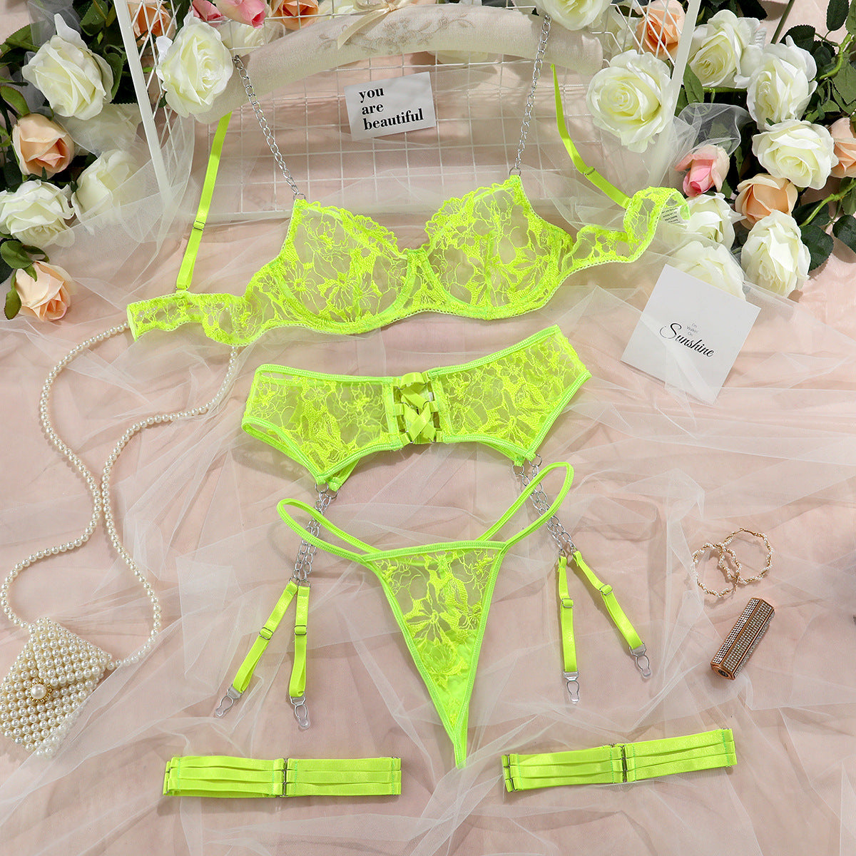 Mesh Embroidery Garter Lingerie Four-Piece Set