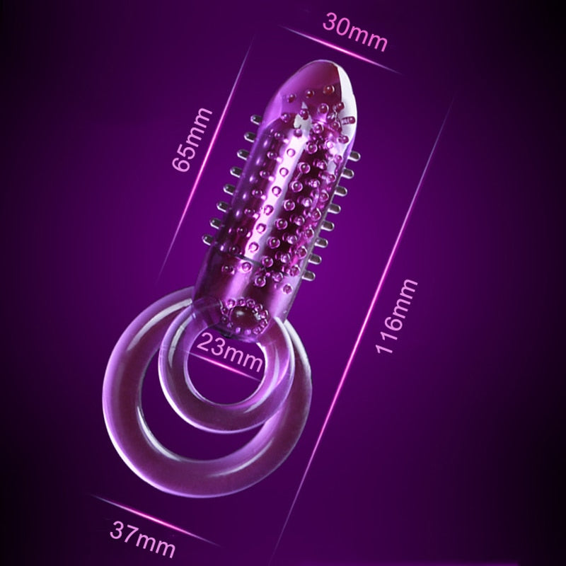 Purple silicone male clitoral strapon with double ring and textured design for enhanced stimulation.