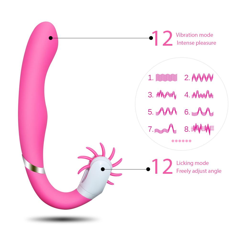 Unique brushing G spot vibrator with dual motor, pink ergonomic design, vibration and licking modes.