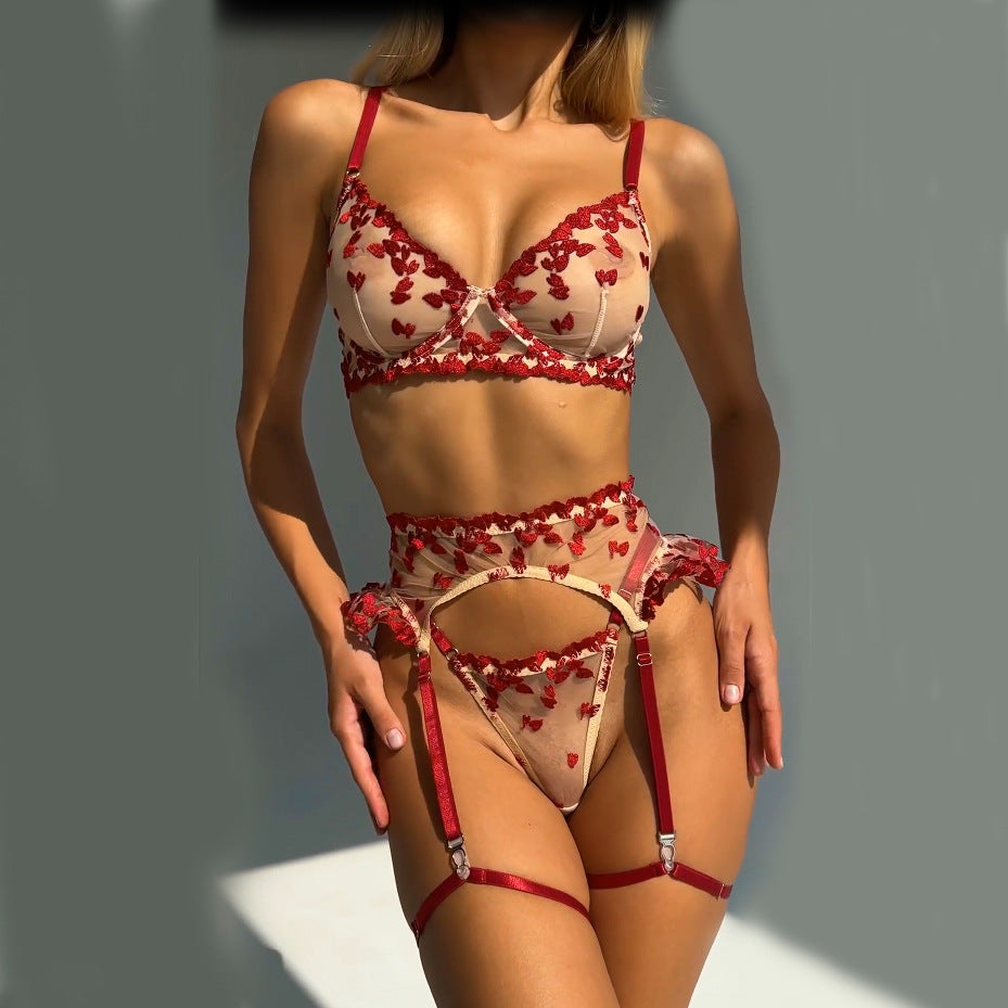 MAMJUK four Heart Embroidery Lingerie Set
