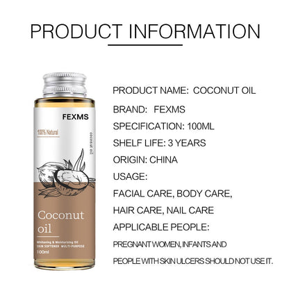Coconut Massage Body Oil bottle with product information detailing origin, usage, and shelf life.