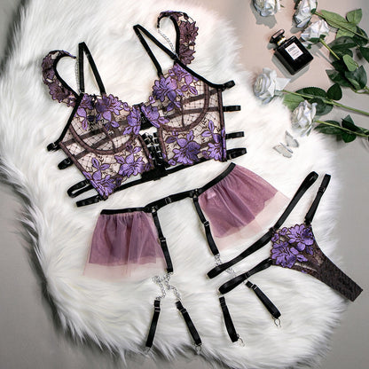 MAMJUK  Gathered Flower Embroidery Lingerie Set