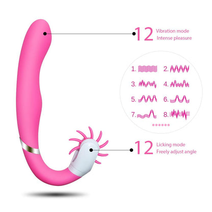 Unique brushing G spot vibrator with dual motor, pink ergonomic design, vibration and licking modes.